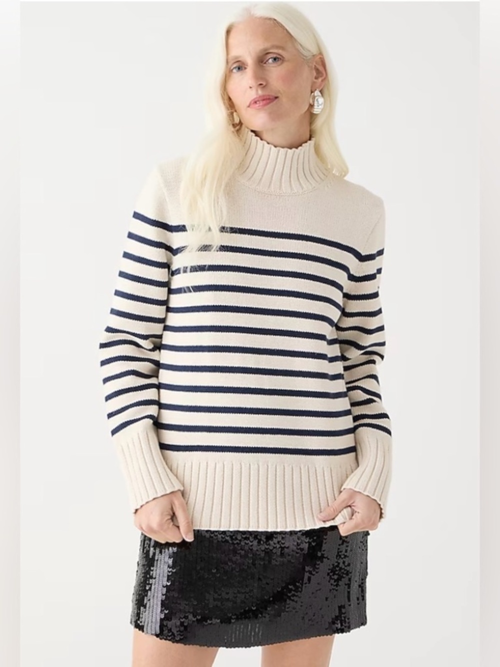 J.Crew Cotton Turtleneck Sweater in White/Navy Stripes Medium Coastal Preppy